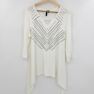 Allie & Rob Petite White Studded Sharkbite Tunic Top 3/4 Sleeve Y2K Size PL